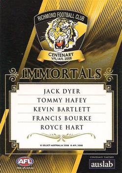 2008 Richmond Football Club Immortals #NNO Header Card Back